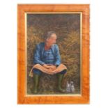 B Cook - Portrait of Mr Shire Seated next to a Grey Silkie Chicken - signed lower right, oil on