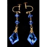 A pair of 9ct gold and blue crystal drop earrings, cased.