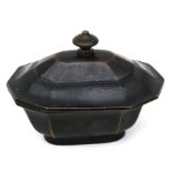 An 18th century style bronze casket inkstand, the hinged lid opening to reveal two inkwell recesses,