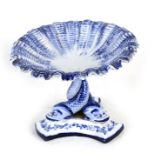 A Royal Worcester blue & white tazza on triple dolphin supports, 10cms (4ins) high.