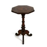 A 19th century octagonal marquetry inlaid occasional table on turned column and tripod base,