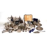 A silver plated four-piece tea service, a pair of silver topped scent bottles; together with a
