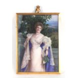 A Victorian miniature depicting a lady wearing a white evening dress and wearing a necklace within a