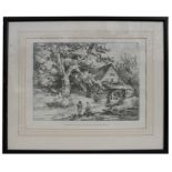 After George Moorland - Fisherman by a Mill Stream - engraving, framed & glazed, 36 by 47cms (14