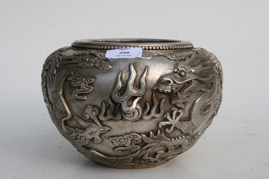 A large Chinese silvered bronze censer decorated in relief with a dragon and phoenix, four character - Image 3 of 12