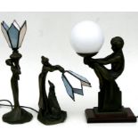 Three Art Deco and Art Nouveau style figural bronzed table lamps, the largest 44cms (17.25ins)