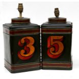 A pair of painted tin tea cannister style table lamps, 31cms (12.25ins) high (2).