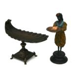 A cold painted Blackamoor style figure holding a card tray in the form of a scallop shell, 24cms (