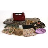 A vintage handbag with embroidered decoration; together with other similar handbags and purses.