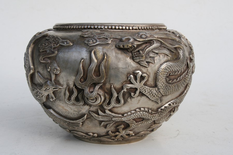 A large Chinese silvered bronze censer decorated in relief with a dragon and phoenix, four character - Image 5 of 12