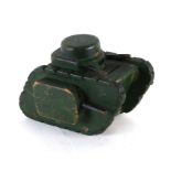 A WW1 trench art wooden Tank Money Box with twin barrelled turret gun and side machine guns. Overall