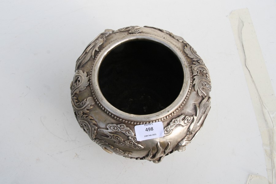 A large Chinese silvered bronze censer decorated in relief with a dragon and phoenix, four character - Image 12 of 12