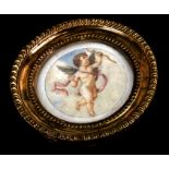 A 19th century miniature portrait of Cupid, signed 'Tassaert', label to verso, watercolour, framed &