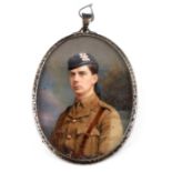An oval bust portrait miniature depicting an Officer of the Black Watch, watercolour, framed &