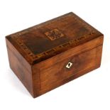 A 19th century walnut Tunbridgeware two-division tea caddy, 23cms (9ins) wide.