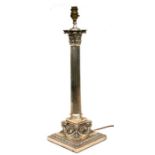 A large Victorina Elkington plate Corinthian column table lamp with scroll and acanthus leaf capitol