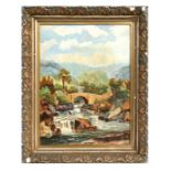 Early 20th century English school - A Highland Scene with River and Bridge - oil on board, framed,