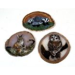 Joan Milne - A Family of Badgers - oil on agate, 17cms (6.25ins) wide' together with two others