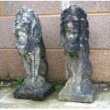 A pair of well weathered reconstituted stone rampant lions. 57cm (22.5 ins) highCondition