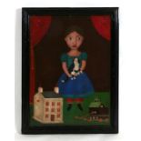 English school - A Young Girl With a Cat and Her Doll's House and Toys - in the folk art style,