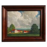 Modern British - A Landscape Scene with Farm Buildings in the Foreground - oil on board, framed,