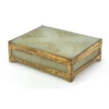 Chinese gilt metal mounted pierced pale green soapstone casket. 11.5cm ( 4.5 ins) wideCondition