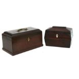 A early Victorian mahogany tea caddy with brass carrying handle and fitted interior, 26cms (10ins)