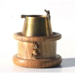 A trench art combined Petrol Lighter & Ashtray mounted on a hardwood plinth with a brass Royal