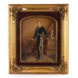 Victorian school, an overpainted print depicting an officer in military dress standing within a room