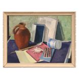 Mid 20th century school - Still Life of a Jug, Seashell, Books and Brushes on a Table - oil on