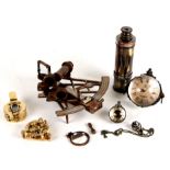 A reproduction brass theodolite, two brass compasses, a telescope and other items