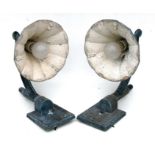 A pair of patinated metal outside wall lights, 38cms (15ins) high.