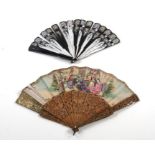 A continental pierces wooden fan decorated a bull fighting scene (A/F) ; together with a lacquer fan