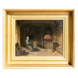 19th century English school - lady sat by an oven cooking pies - oil on canvas, framed. 33 by