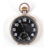 A silver cased Hall Garnier Barrage open faced pocket watch, the black enamel dial with Arabic