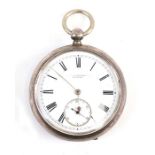 A Victorian J W Benson open faced pocket watch, the white enamel dial with Roman numerals and