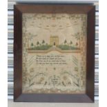 A Victorian sampler by Lydia Ann Veryman, 1845, with verse, building with garden, angels and birds