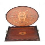 A late Victorian or Edwardian mahogany oval galleried tray with inlaid floral decoration and brass