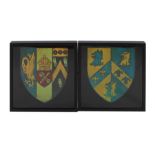 A pair of decorative Oxford University shields mounted in glazed display cases, overall 56 by