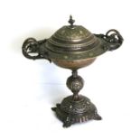 A Victorian silver plated bowl on stand with dragon handles, 28cms (11ins) high.