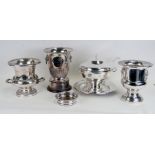Three large silver plated trophy ice buckets; together with a Christofle silver plated tureen &