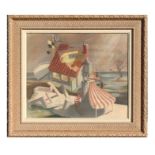 20th century English school - A Surrealist Landscape - oil on board, framed, 40 by 49cms (15.75 by