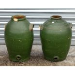 Two green painted garden vases, 47cms (18.5ins) high. (a/f)