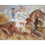 20th century Modern British - Racehorses with Jockeys Up - oil sketch on canvas, unframed, 35 by