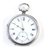 A silver cased open faced pocket watch, the white enamel dial with Roman numerals and subsidiary