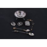 A silver gilt stag tie pin; together with a silver vesta case; two Italian silver spoons; a