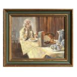 E Temple - A French Gentleman at his Breakfast Table - oil on board, signed lower right, framed,