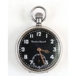 A Trenton Record silver cased open faced pocket watch, the black enamel dial with Arabic numerals