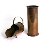 Two WWI trench art items, a brass shell case re-modelled as a coal scuttle, 15cms (6ins) wide; and a