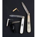 Two silver bladed mother of pearl fruit knives; together with two miniature penknives and a